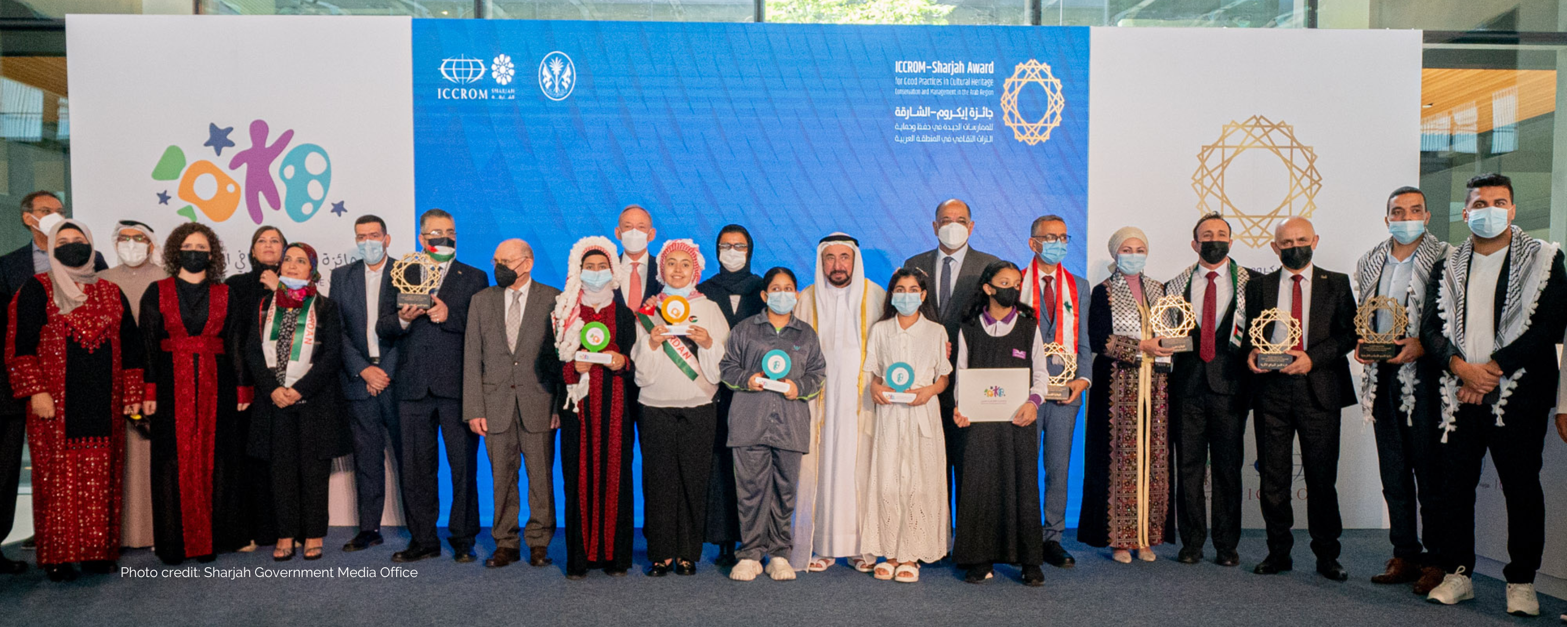 Pictured are the young winners of the Arab Cultural Heritage Award for the Young, which awarded first place in the categories of drawing, photography, folk dance and film. Photo credit: Sharjah Government Media Office