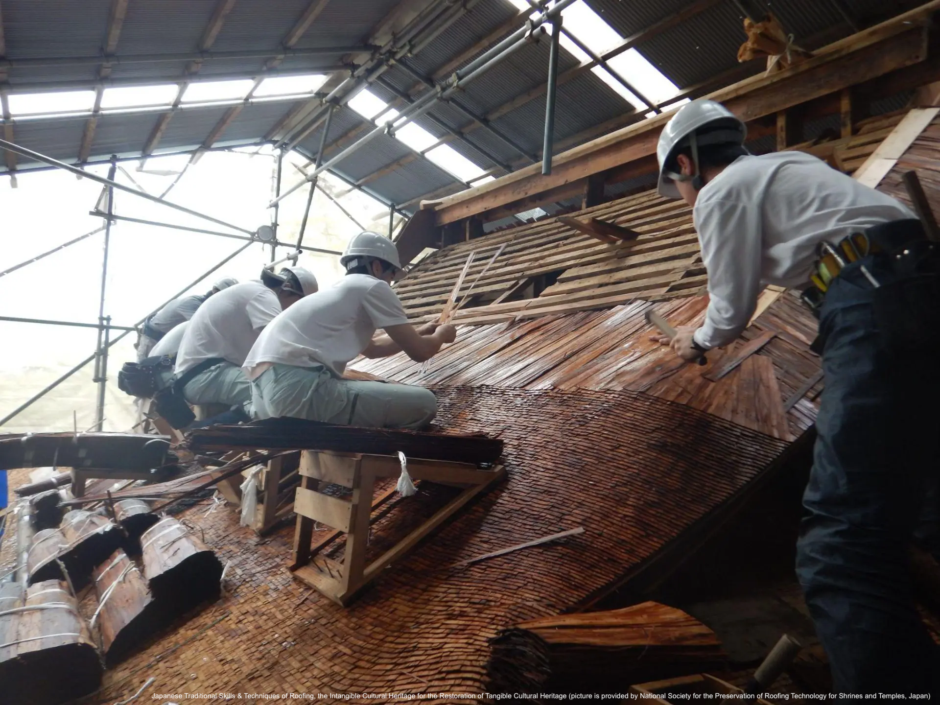Japanese Traditional Skills & Techniques of Roofing, the Intangible Cultural Heritage for the Restoration of Tangible Cultural Heritage (picture is provided by National Society for the Preservation of Roofing Technology for Shrines and Temples, Japan)
