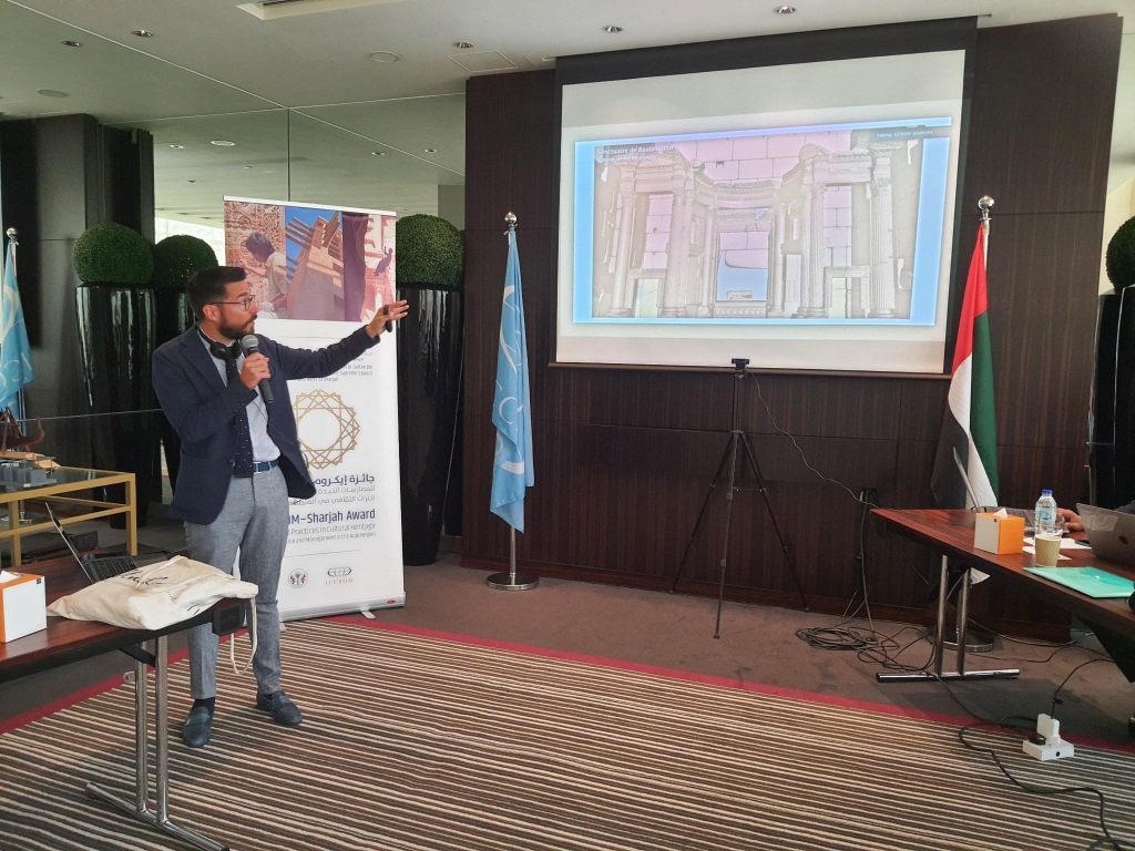 Patrick Michel, research and scientific director of the Collart-Palmyre project, gave an overview of the project on the first day of the awards ceremony. The project received the ICCROM-Sharjah Award Special Recognition Prize.