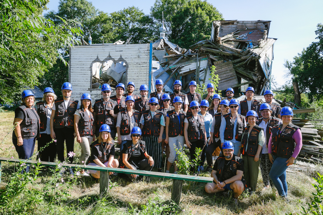 Photo: Cultural First Aiders on a damage and risk assessment expedition to the Viazivka church that suffered partial collapse due to shockwave. 